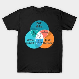 Venn Diagram Cats Sleep all day Trash the house Scream at night T-Shirt